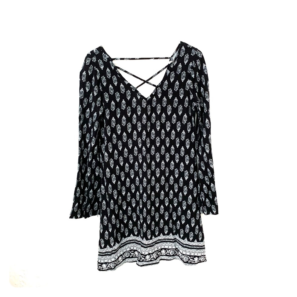 Socialite Black Patterned Dress with Bell Sleeves